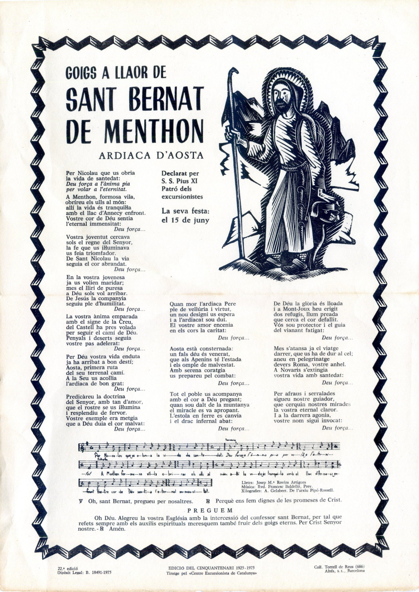 Goigs a llaor de Sant Bernat de Menthon : Ardiaca d'Aosta : Declarat per S. S. Pius XI : Patró dels excursionistes : La seva festa: el 15 de juny - Portada